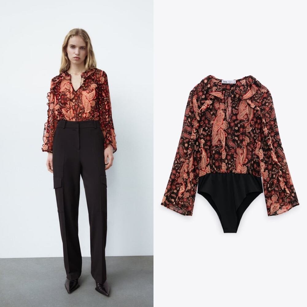 ZARA PRINTED RUFFLED BODYSUIT MULTICOLORED